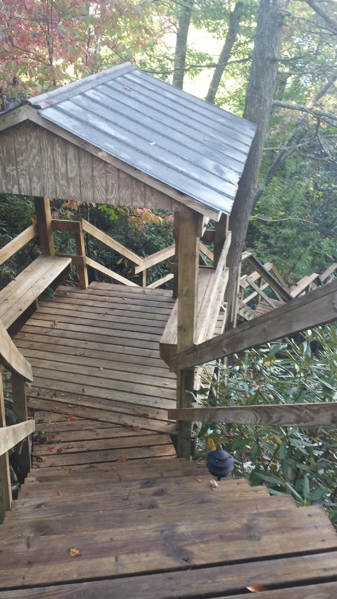 Metal roofed shelter over wooden steps on a wooded walkway — Skylight Repair & Installation work by our crew in Newry